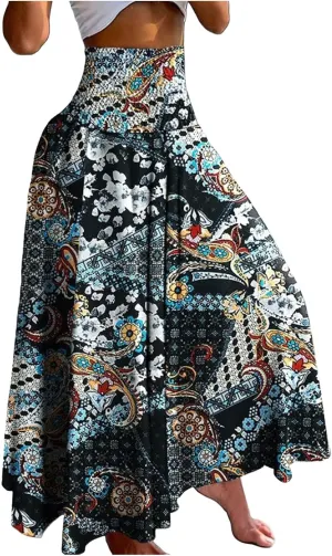 Ladies Boho Maxi Skirts Summer Beach Flowy Tiered High Waist A-Line Skirt Vintage Bohemian Mexico Vacation Outfits for Women