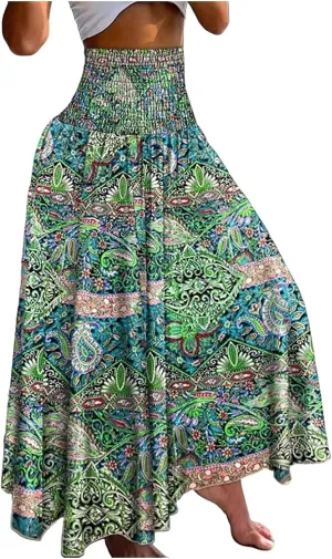 Ladies Boho Maxi Skirts Summer Beach Flowy Tiered High Waist A-Line Skirt Vintage Bohemian Mexico Vacation Outfits for Women