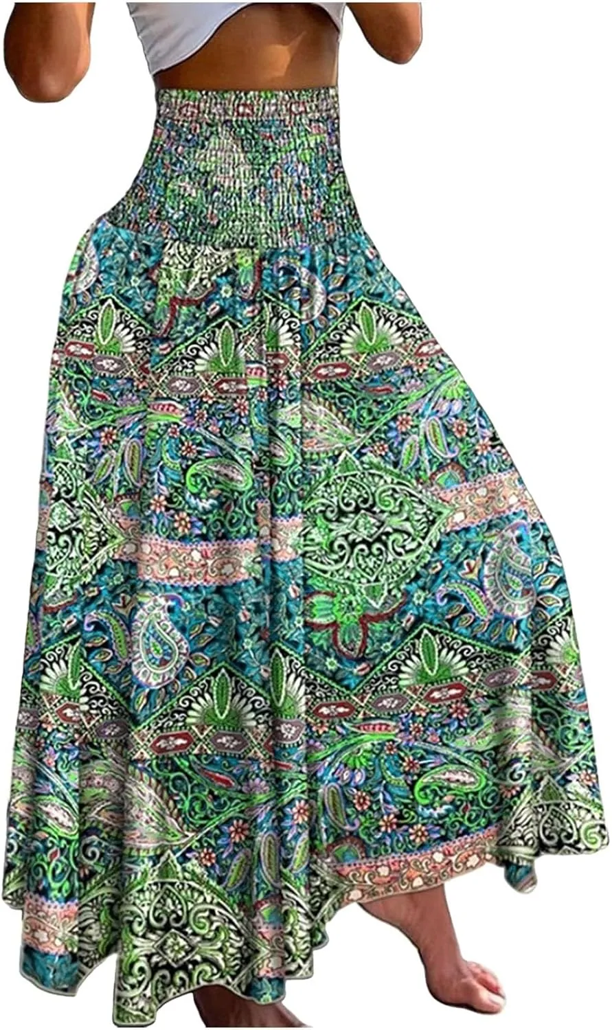 Ladies Boho Maxi Skirts Summer Beach Flowy Tiered High Waist A-Line Skirt Vintage Bohemian Mexico Vacation Outfits for Women
