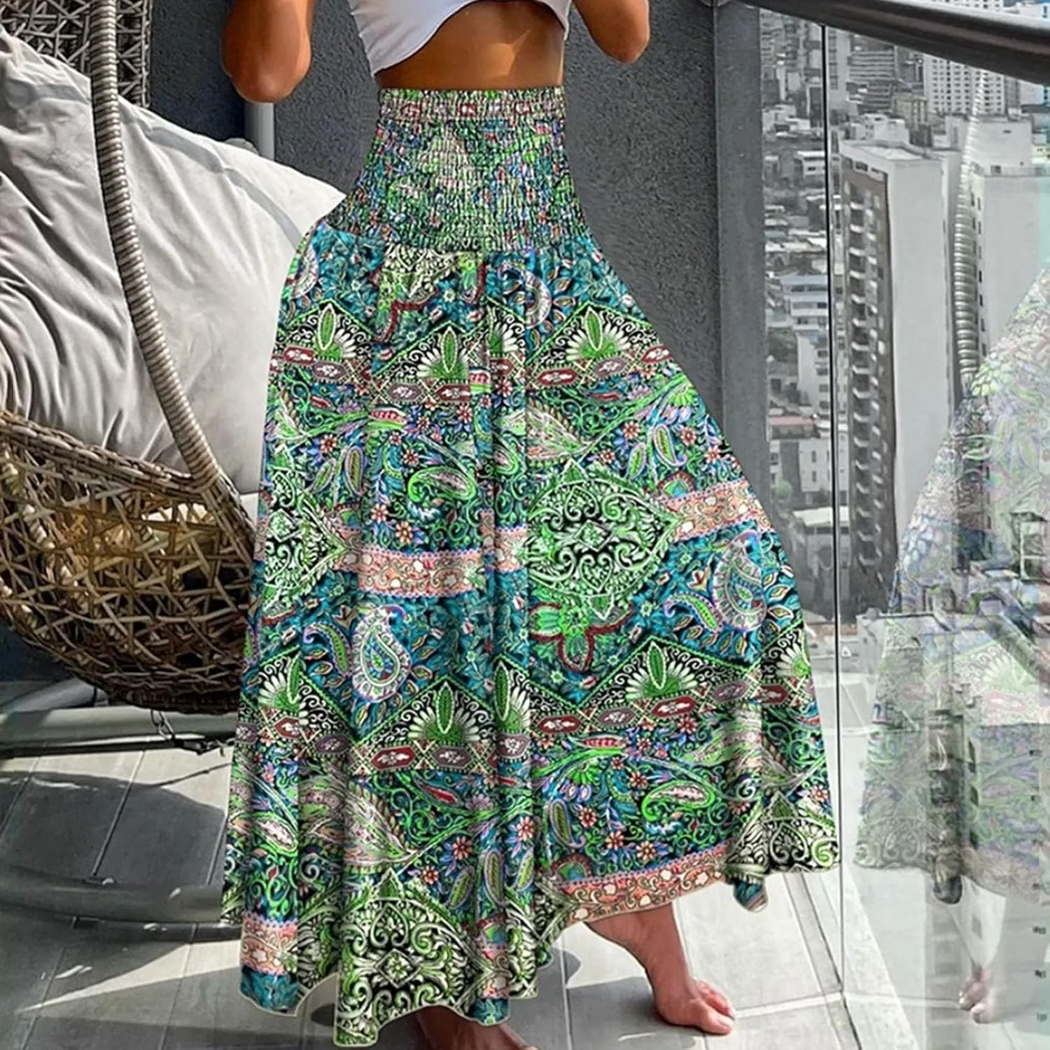 Ladies Boho Maxi Skirts Summer Beach Flowy Tiered High Waist A-Line Skirt Vintage Bohemian Mexico Vacation Outfits for Women