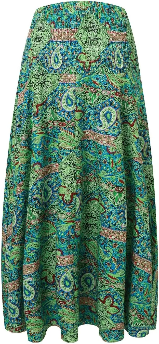 Ladies Boho Maxi Skirts Summer Beach Flowy Tiered High Waist A-Line Skirt Vintage Bohemian Mexico Vacation Outfits for Women
