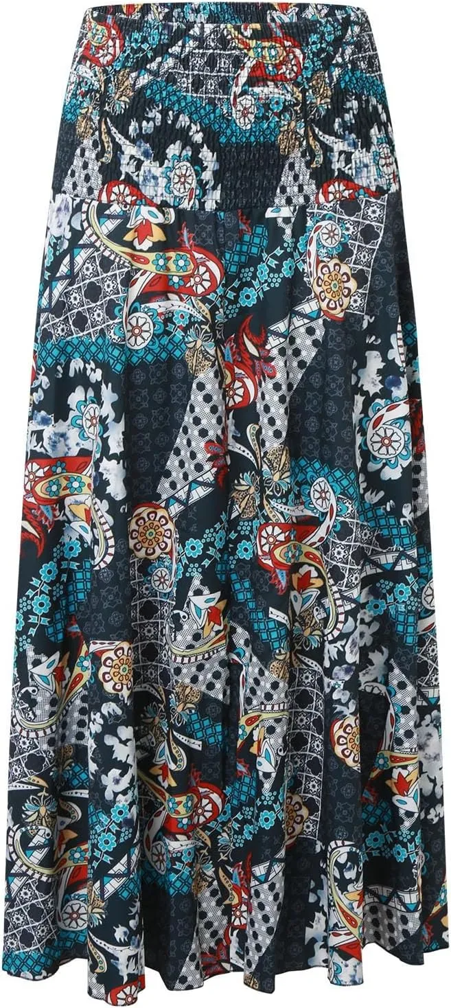 Ladies Boho Maxi Skirts Summer Beach Flowy Tiered High Waist A-Line Skirt Vintage Bohemian Mexico Vacation Outfits for Women
