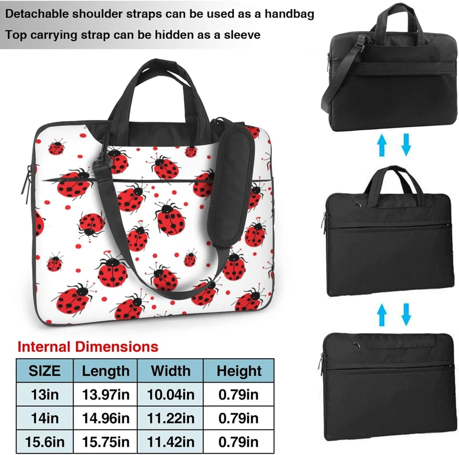 Ladybugs Print Laptop Shoulder Bag for Women, Cute Ladybugs Laptop Sleeve Case Durable Computer Bag