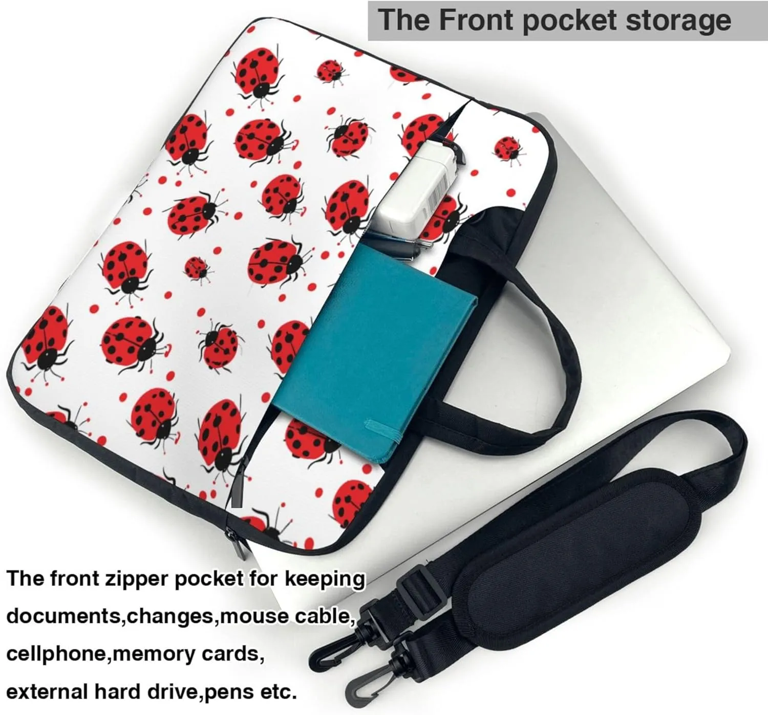 Ladybugs Print Laptop Shoulder Bag for Women, Cute Ladybugs Laptop Sleeve Case Durable Computer Bag