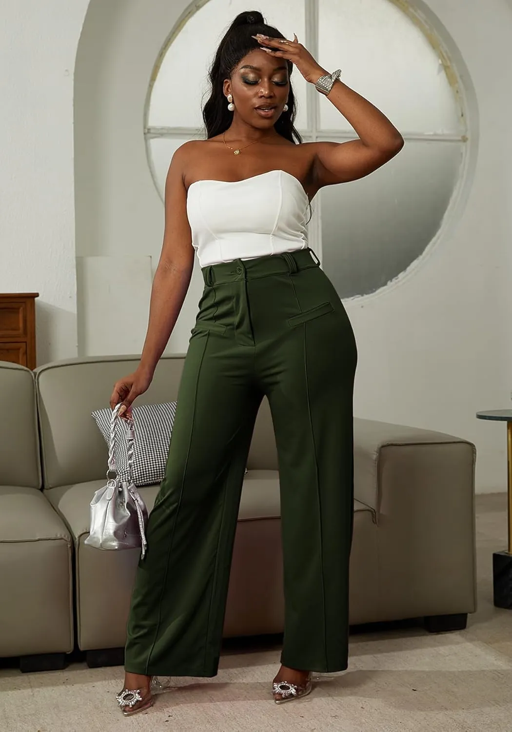 LAJIOJIO Wide Leg Dress Pants for Women Dressy Business Casual High Waisted Straight Leg Work Office Trousers Slacks