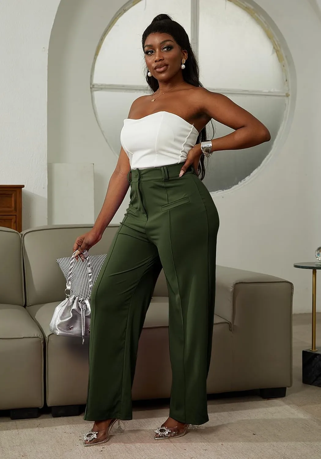 LAJIOJIO Wide Leg Dress Pants for Women Dressy Business Casual High Waisted Straight Leg Work Office Trousers Slacks