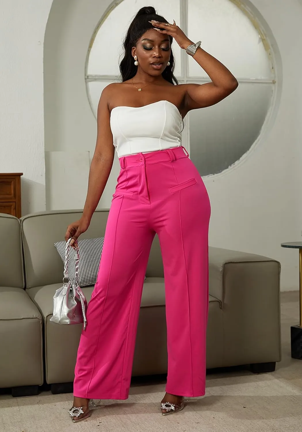 LAJIOJIO Wide Leg Dress Pants for Women Dressy Business Casual High Waisted Straight Leg Work Office Trousers Slacks