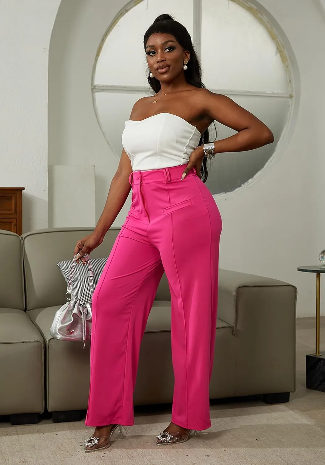 LAJIOJIO Wide Leg Dress Pants for Women Dressy Business Casual High Waisted Straight Leg Work Office Trousers Slacks