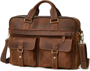 Large Genuine Leather Briefcase for Men, Laptop Bag, Durable Handbag for Business & Travel (Brown)