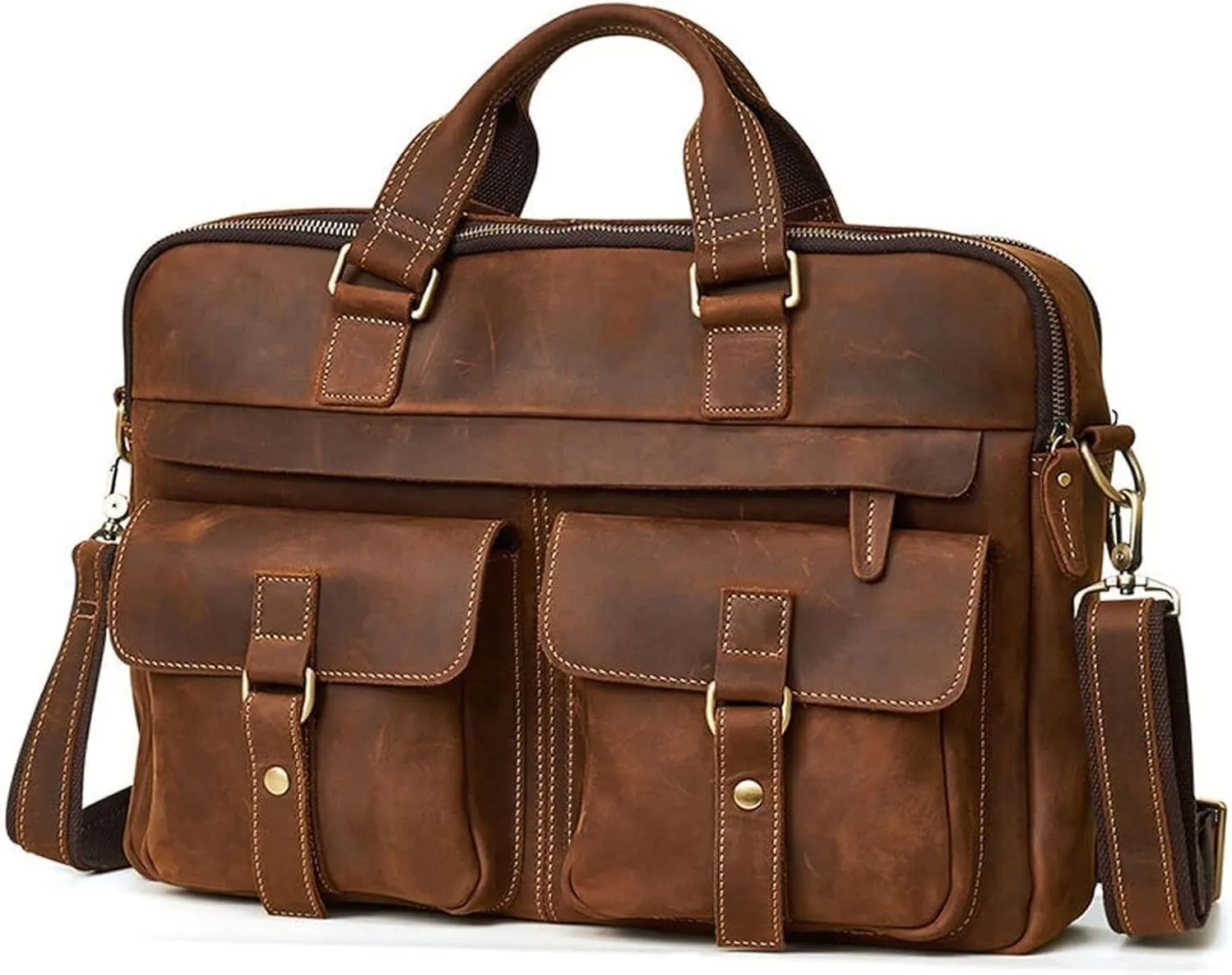 Large Genuine Leather Briefcase for Men, Laptop Bag, Durable Handbag for Business & Travel (Brown)