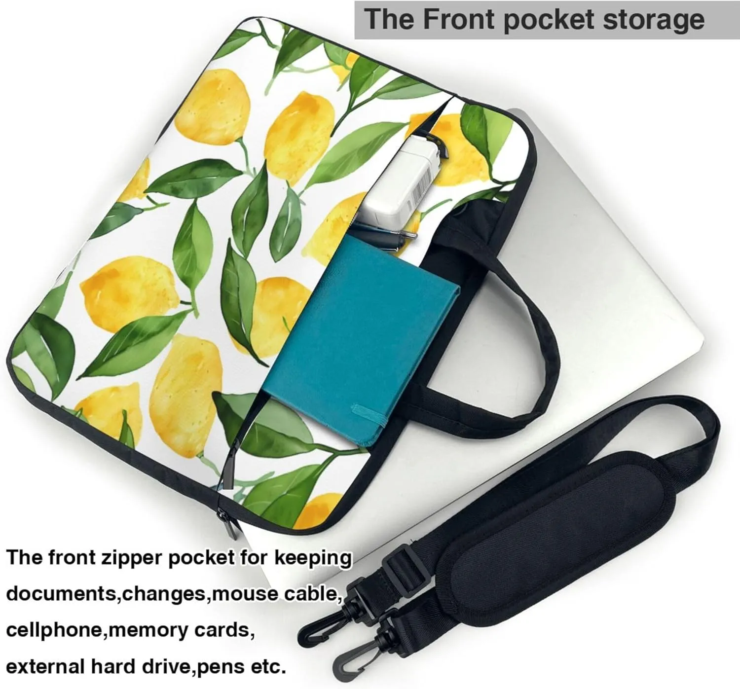Lemon Leaf Laptop Shoulder Bag for Women, Yellow Lemon Laptop Sleeve Case Durable Computer Bag