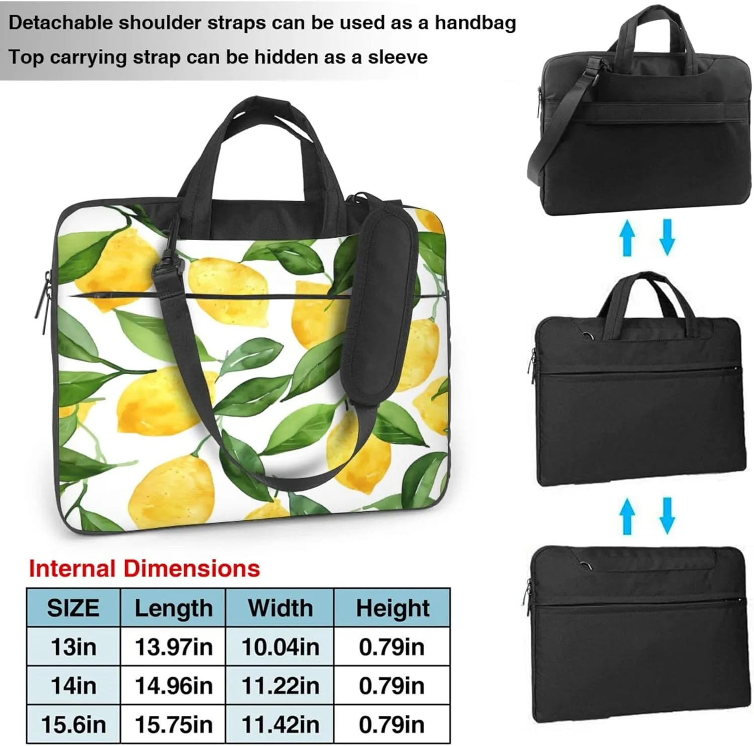 Lemon Leaf Laptop Shoulder Bag for Women, Yellow Lemon Laptop Sleeve Case Durable Computer Bag