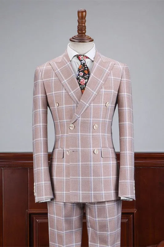 Light Pink Plaid Peaked Lapel Business Suits for Men Slim Fit Two Pieces Suits for Groom