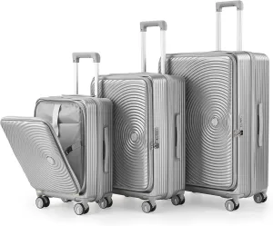 Lightweight 3-Piece Expandable Luggage Set with Front Laptop Pocket, Durable Hard Shell, Silver