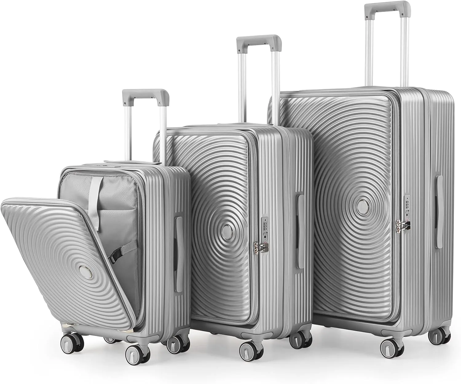 Lightweight 3-Piece Expandable Luggage Set with Front Laptop Pocket, Durable Hard Shell, Silver