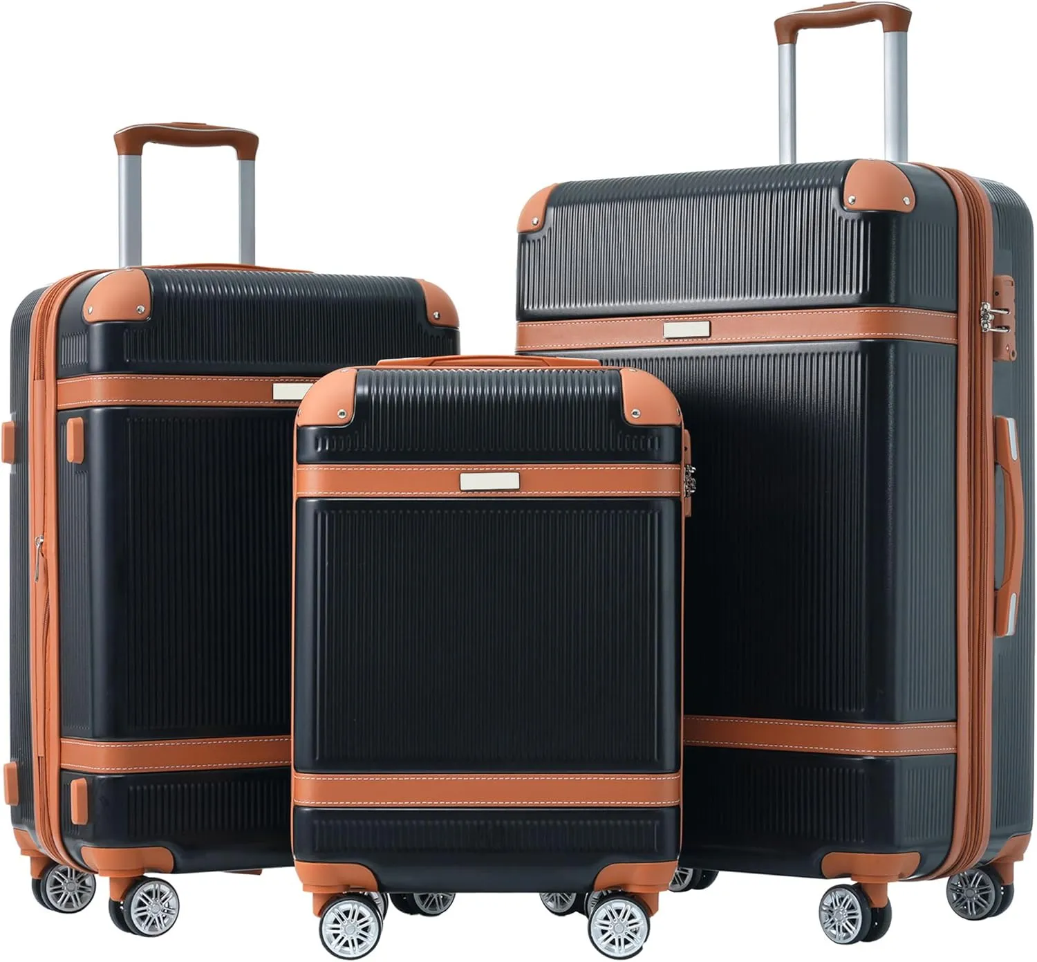 Lightweight 3 Piece Hardshell Luggage Set with Spinner Wheels, Durable ABS, Black, 20'', 24'', 28''
