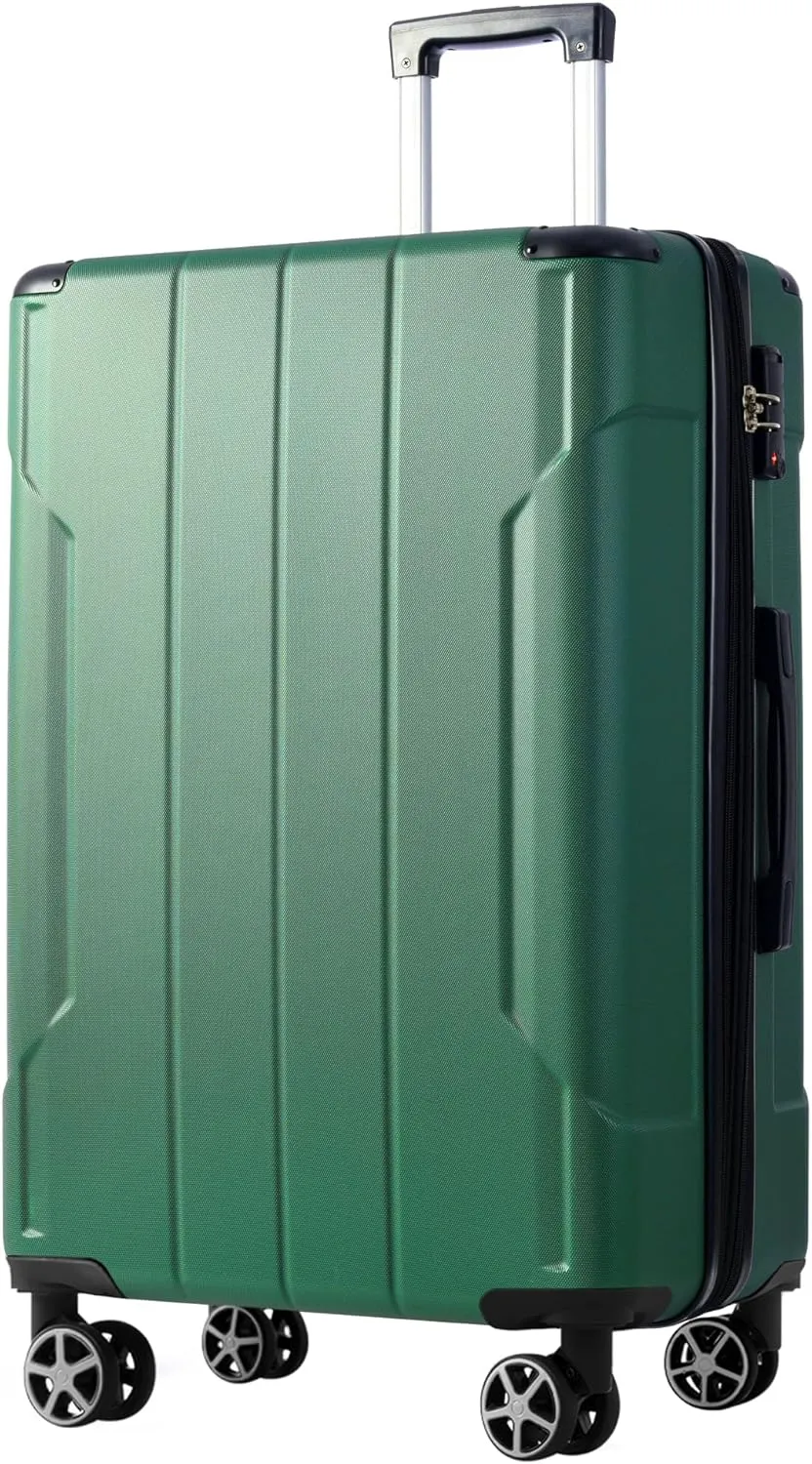 Lightweight Expandable Hardshell Luggage, Durable ABS Material, Double Spinner Wheels, 28-Inch Checked Suitcase, Green