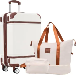 Lightweight Hardshell Luggage Set with Bags, 24-Inch, Double Spinner Wheels, Durable ABS, White