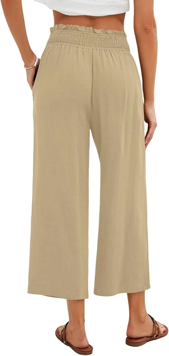 Linen Capris for Women Smocked Elastic Waisted Cropped Palazzo Trousers Casual Flowy Summer Beach Pants with Pockets