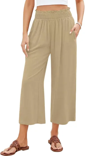 Linen Capris for Women Smocked Elastic Waisted Cropped Palazzo Trousers Casual Flowy Summer Beach Pants with Pockets