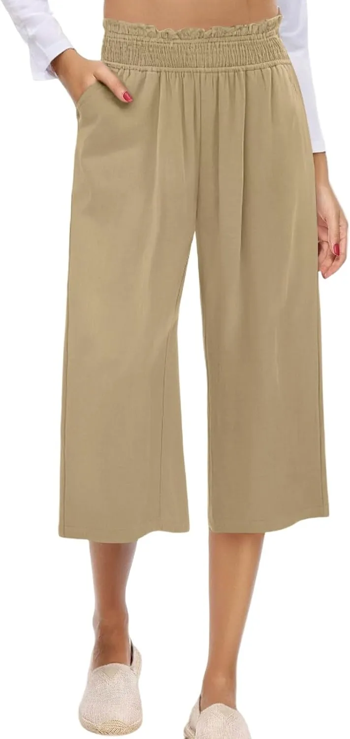 Linen Capris for Women Smocked Elastic Waisted Cropped Palazzo Trousers Casual Flowy Summer Beach Pants with Pockets