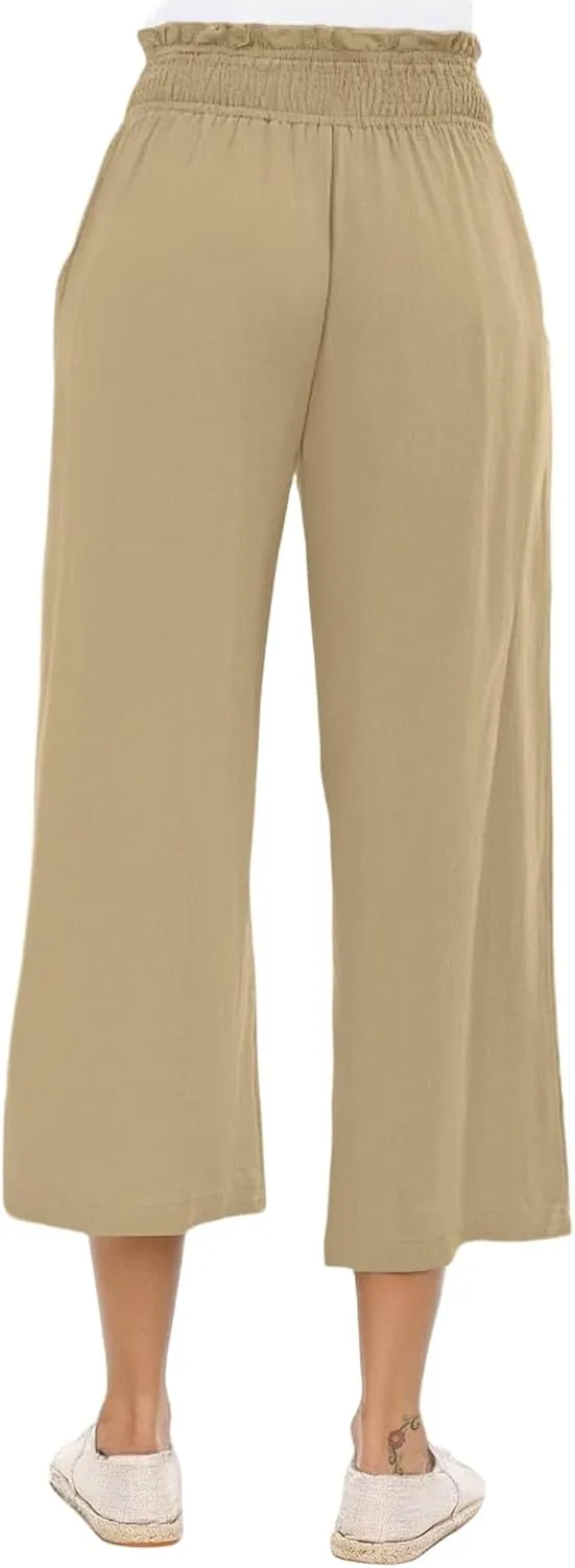 Linen Capris for Women Smocked Elastic Waisted Cropped Palazzo Trousers Casual Flowy Summer Beach Pants with Pockets