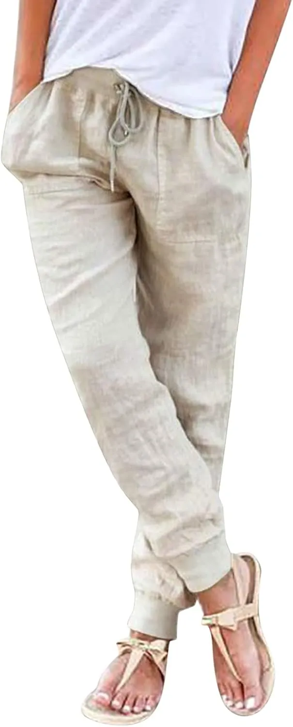 Linen Joggers for Women Casual Tapered Pants Elastic High Waist Cotton Linen Pants Drawstring Pants with Pockets Trousers