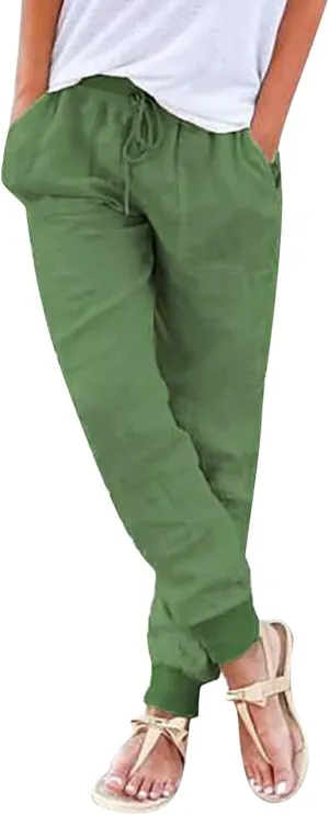 Linen Joggers for Women Casual Tapered Pants Elastic High Waist Cotton Linen Pants Drawstring Pants with Pockets Trousers