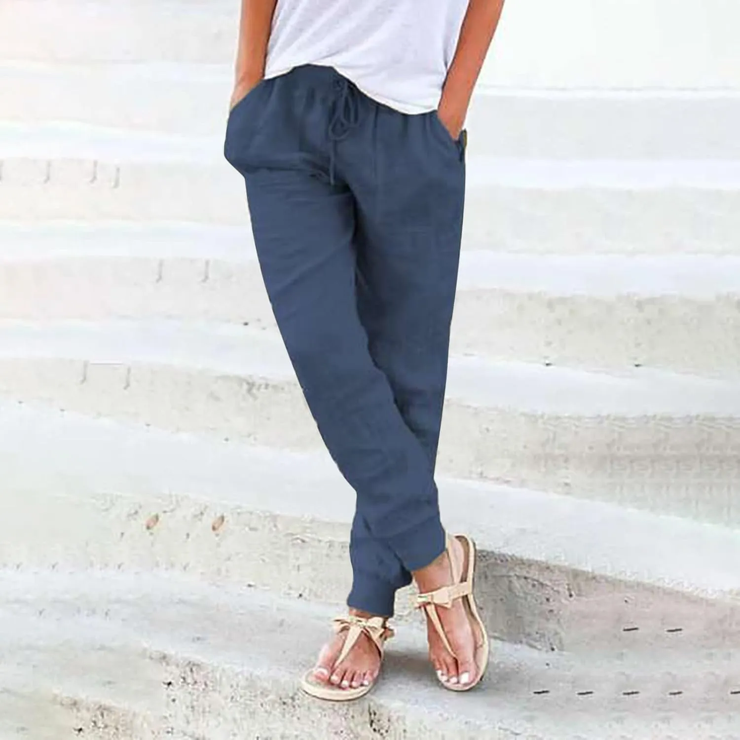 Linen Joggers for Women Casual Tapered Pants Elastic High Waist Cotton Linen Pants Drawstring Pants with Pockets Trousers