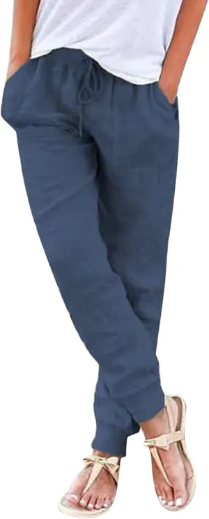 Linen Joggers for Women Casual Tapered Pants Elastic High Waist Cotton Linen Pants Drawstring Pants with Pockets Trousers