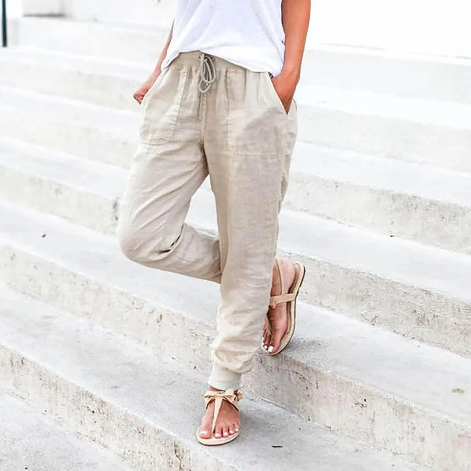 Linen Joggers for Women Casual Tapered Pants Elastic High Waist Cotton Linen Pants Drawstring Pants with Pockets Trousers