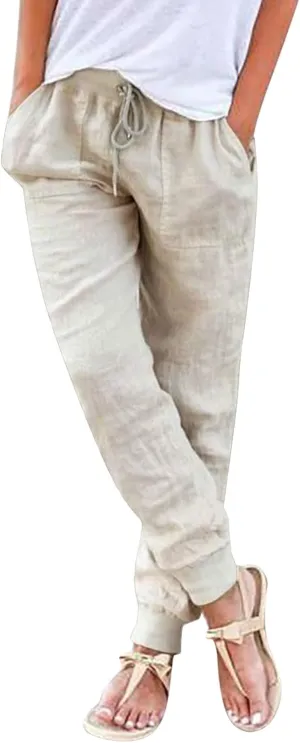 Linen Joggers for Women Casual Tapered Pants Elastic High Waist Cotton Linen Pants Drawstring Pants with Pockets Trousers