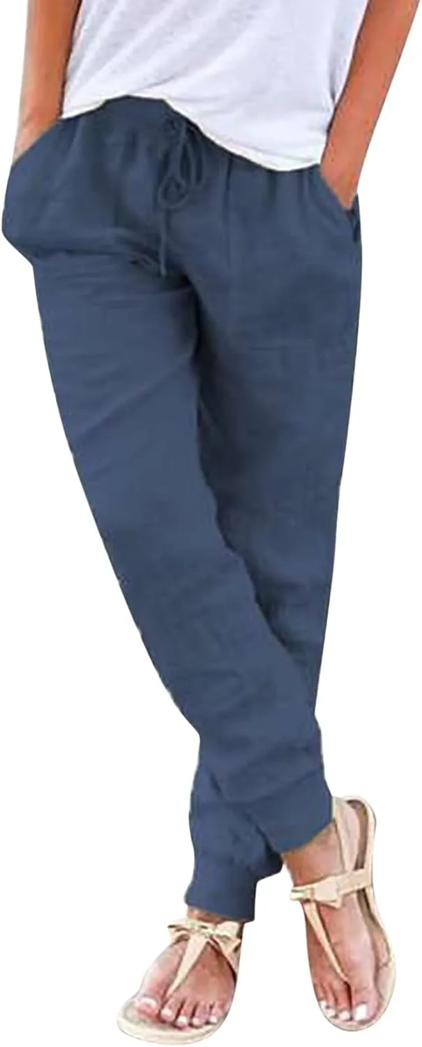 Linen Joggers for Women Casual Tapered Pants Elastic High Waist Cotton Linen Pants Drawstring Pants with Pockets Trousers