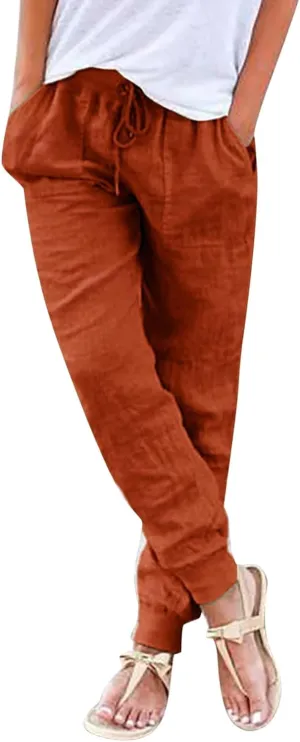 Linen Joggers for Women Casual Tapered Pants Elastic High Waist Cotton Linen Pants Drawstring Pants with Pockets Trousers