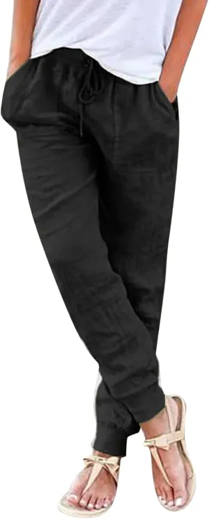 Linen Joggers for Women Casual Tapered Pants Elastic High Waist Cotton Linen Pants Drawstring Pants with Pockets Trousers