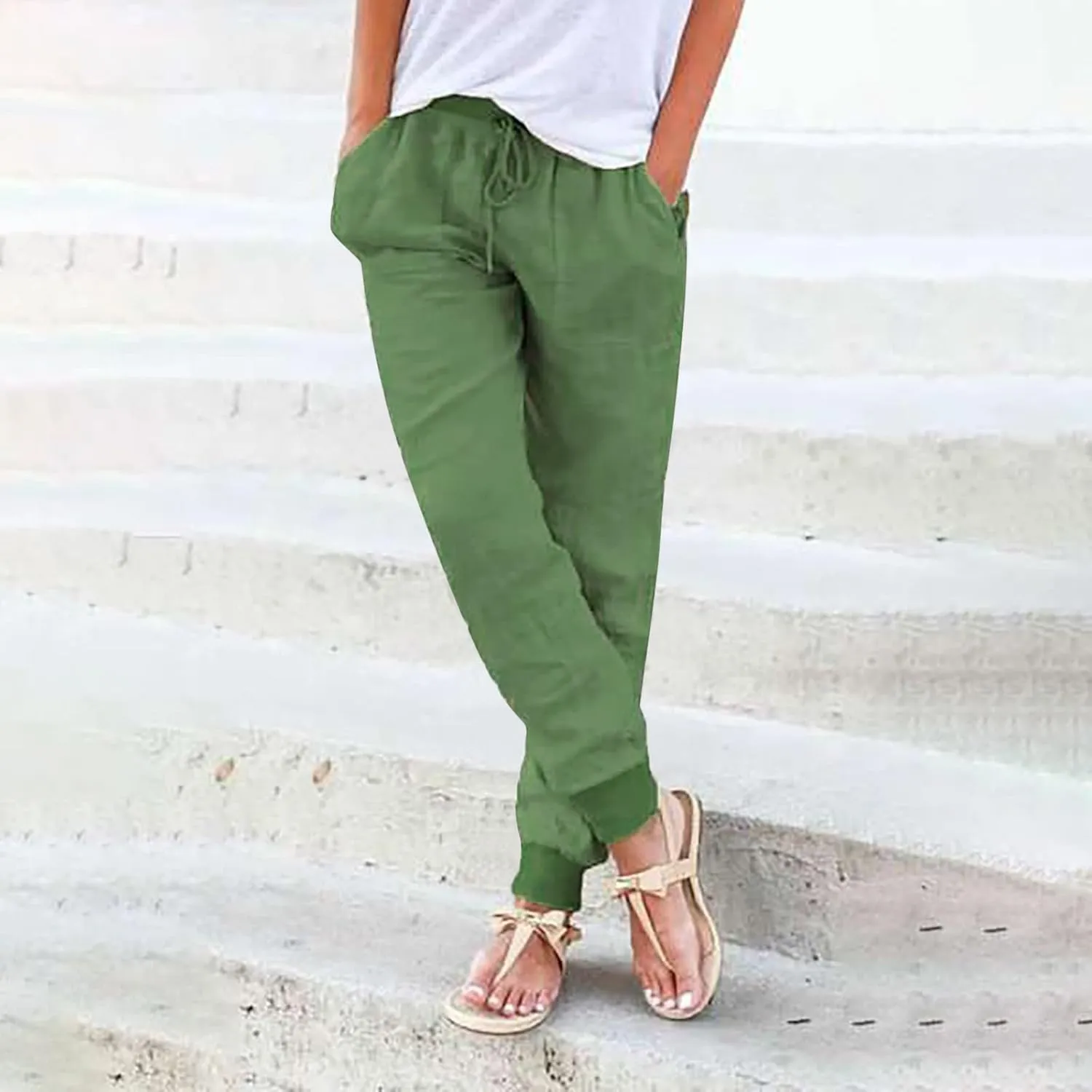 Linen Joggers for Women Casual Tapered Pants Elastic High Waist Cotton Linen Pants Drawstring Pants with Pockets Trousers