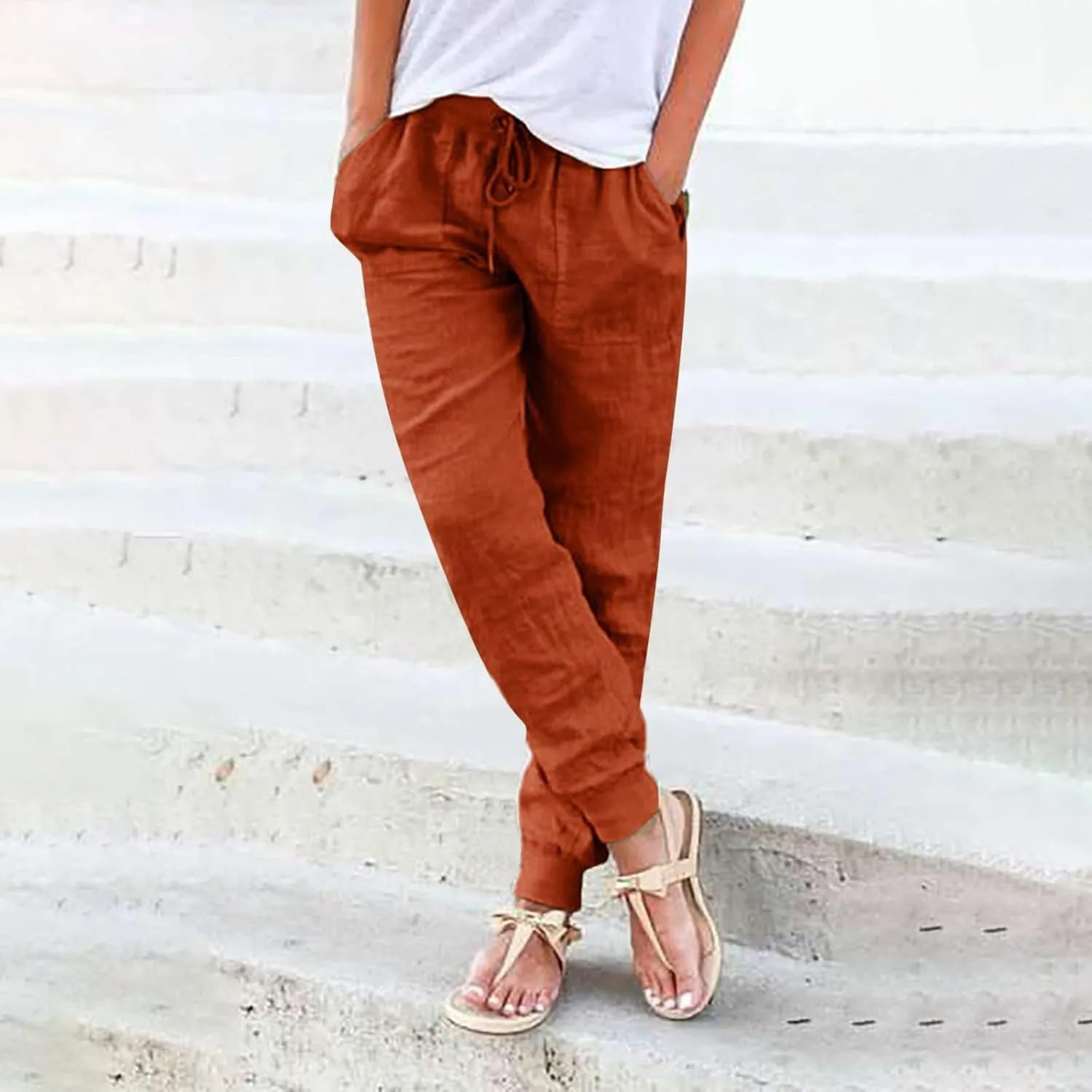 Linen Joggers for Women Casual Tapered Pants Elastic High Waist Cotton Linen Pants Drawstring Pants with Pockets Trousers