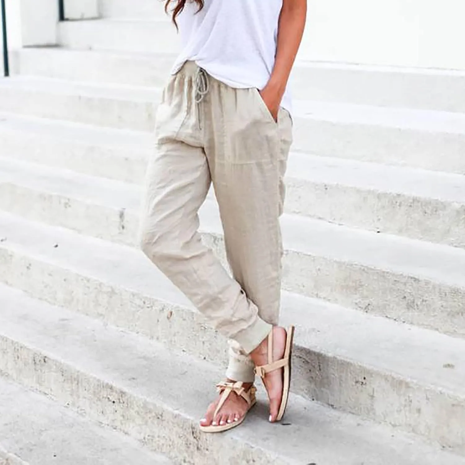 Linen Joggers for Women Casual Tapered Pants Elastic High Waist Cotton Linen Pants Drawstring Pants with Pockets Trousers