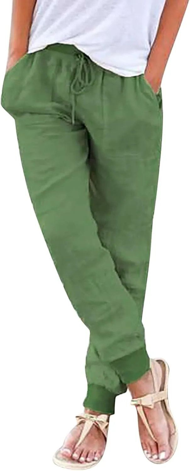 Linen Joggers for Women Casual Tapered Pants Elastic High Waist Cotton Linen Pants Drawstring Pants with Pockets Trousers