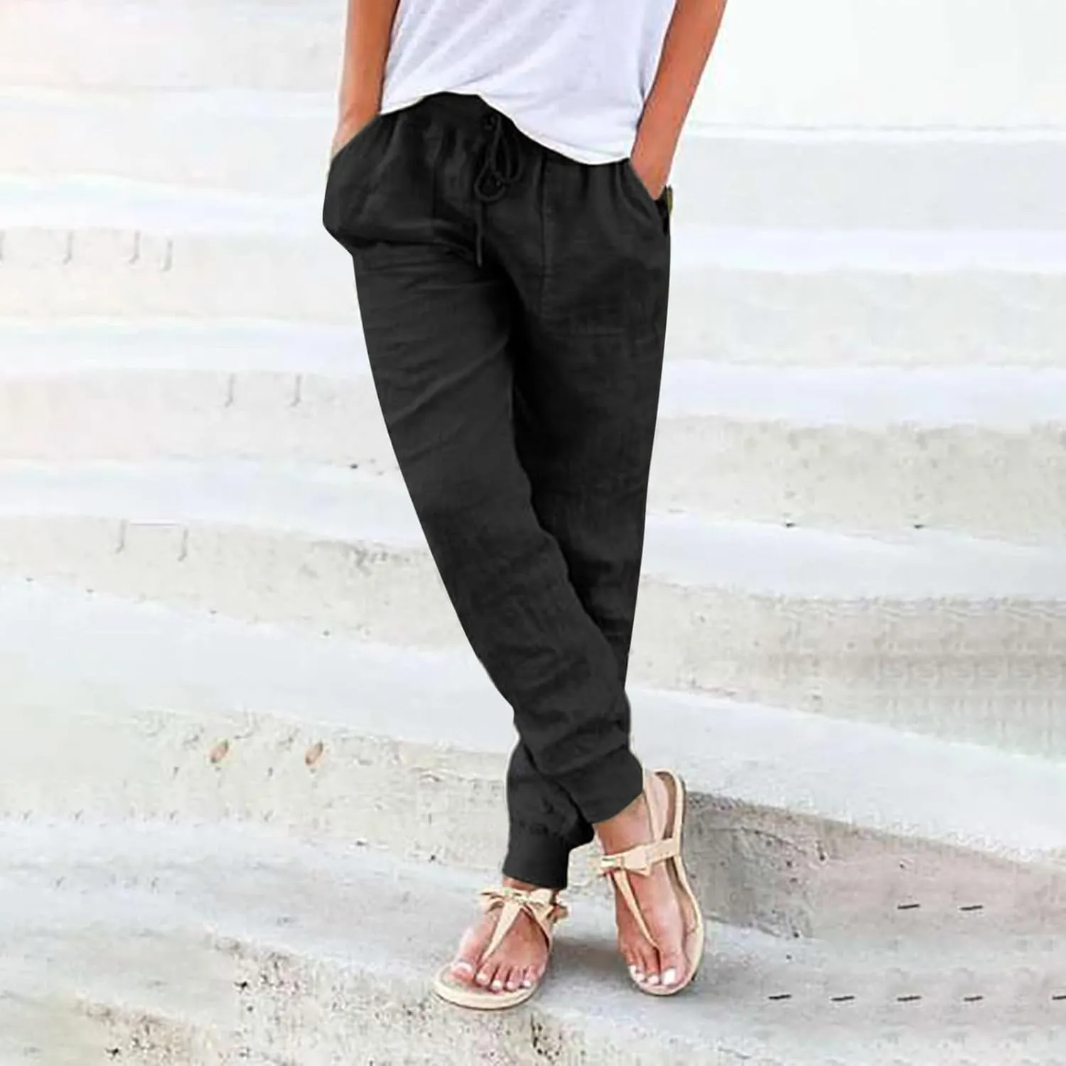 Linen Joggers for Women Casual Tapered Pants Elastic High Waist Cotton Linen Pants Drawstring Pants with Pockets Trousers