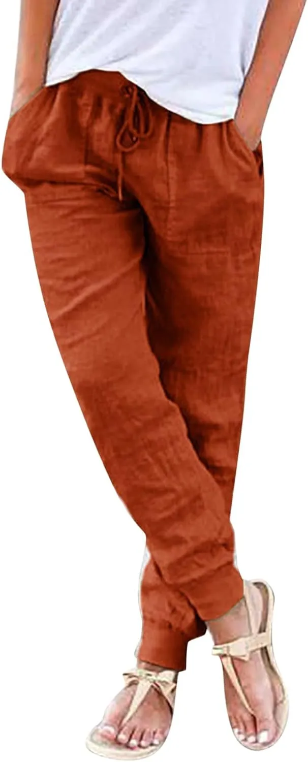 Linen Joggers for Women Casual Tapered Pants Elastic High Waist Cotton Linen Pants Drawstring Pants with Pockets Trousers