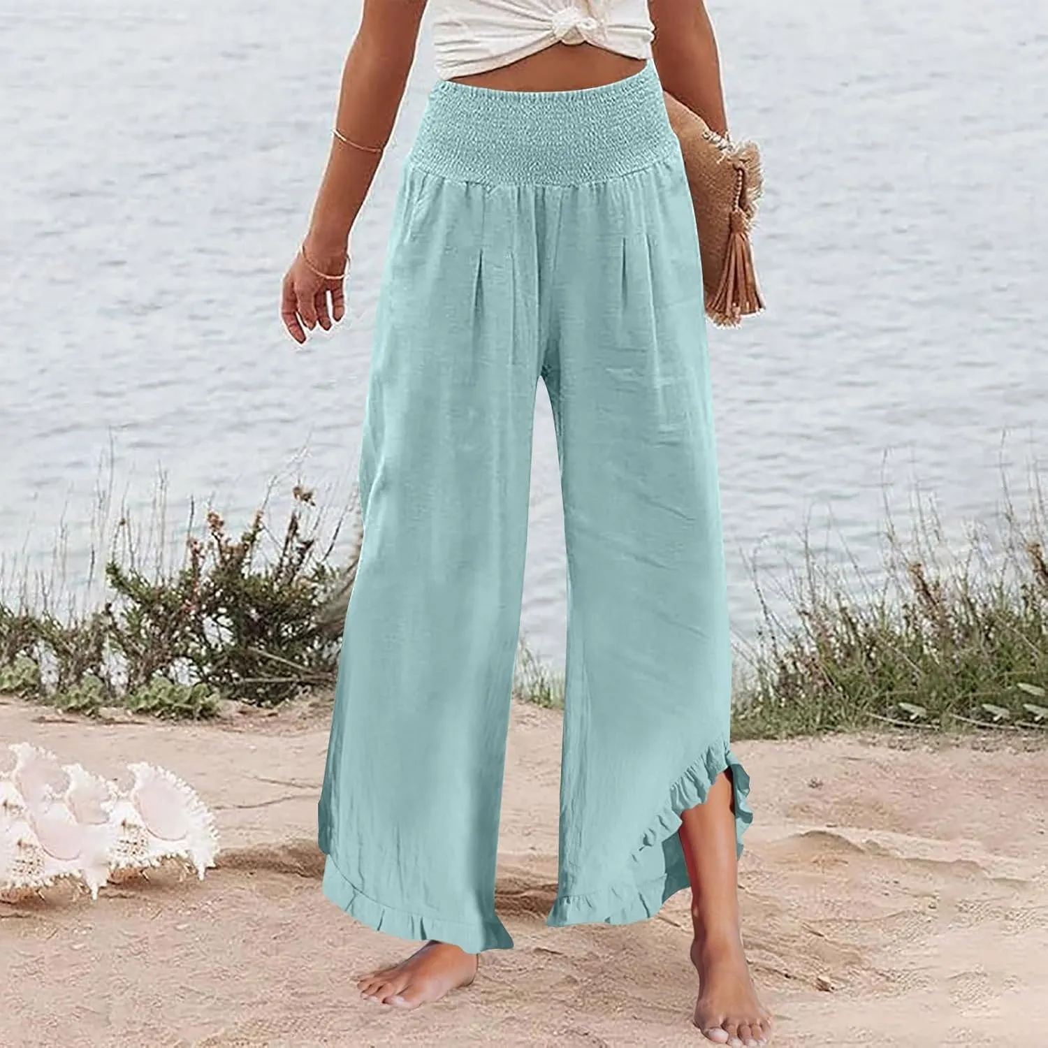 Linen Palazzo Pants for Women Smocked High Waisted Ruffle Hem Wide Leg Pants Loose Summer Beach Trousers with Pockets