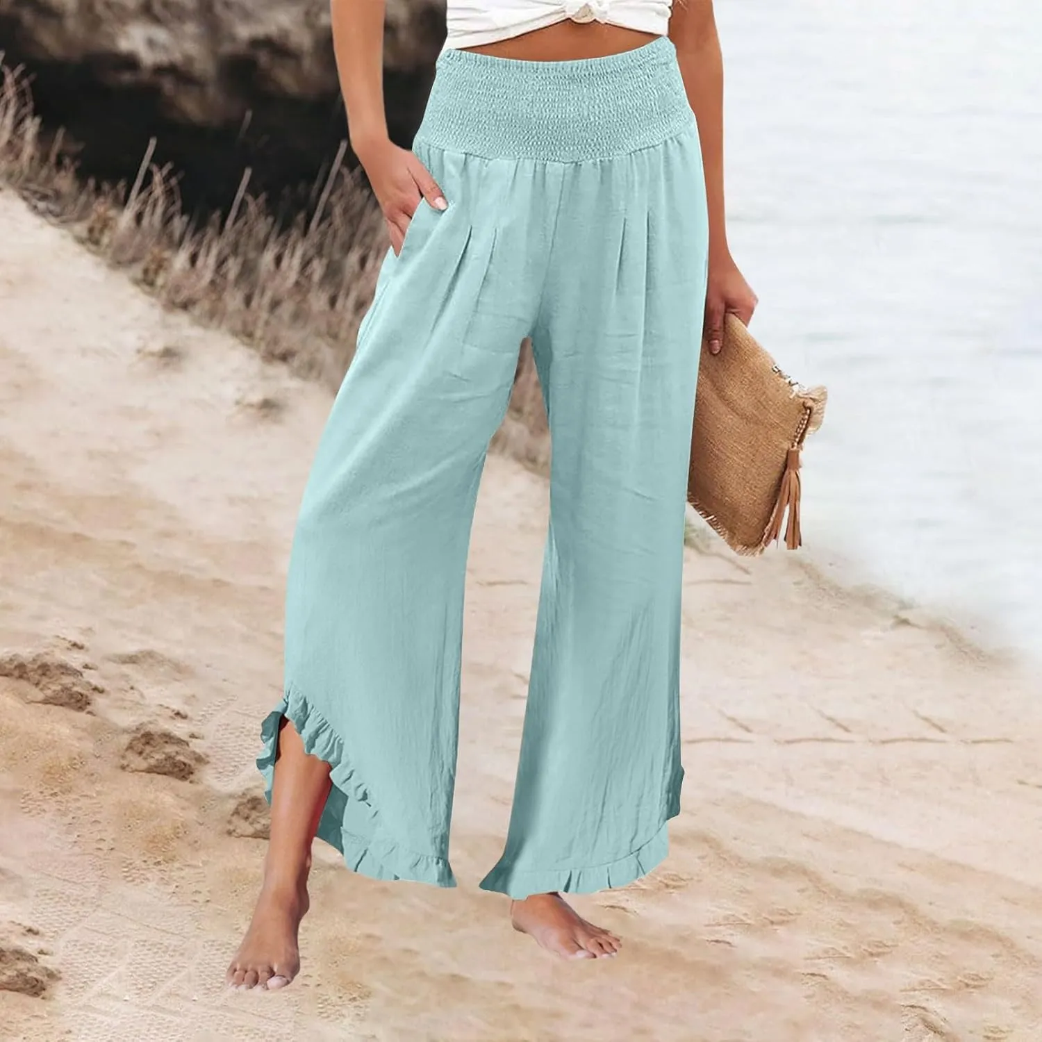 Linen Palazzo Pants for Women Smocked High Waisted Ruffle Hem Wide Leg Pants Loose Summer Beach Trousers with Pockets