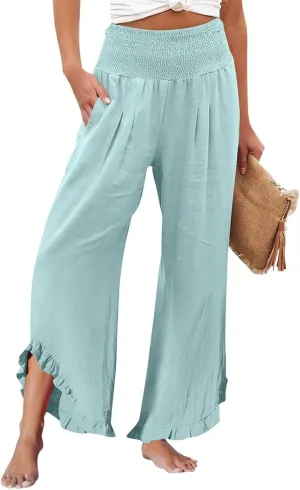 Linen Palazzo Pants for Women Smocked High Waisted Ruffle Hem Wide Leg Pants Loose Summer Beach Trousers with Pockets