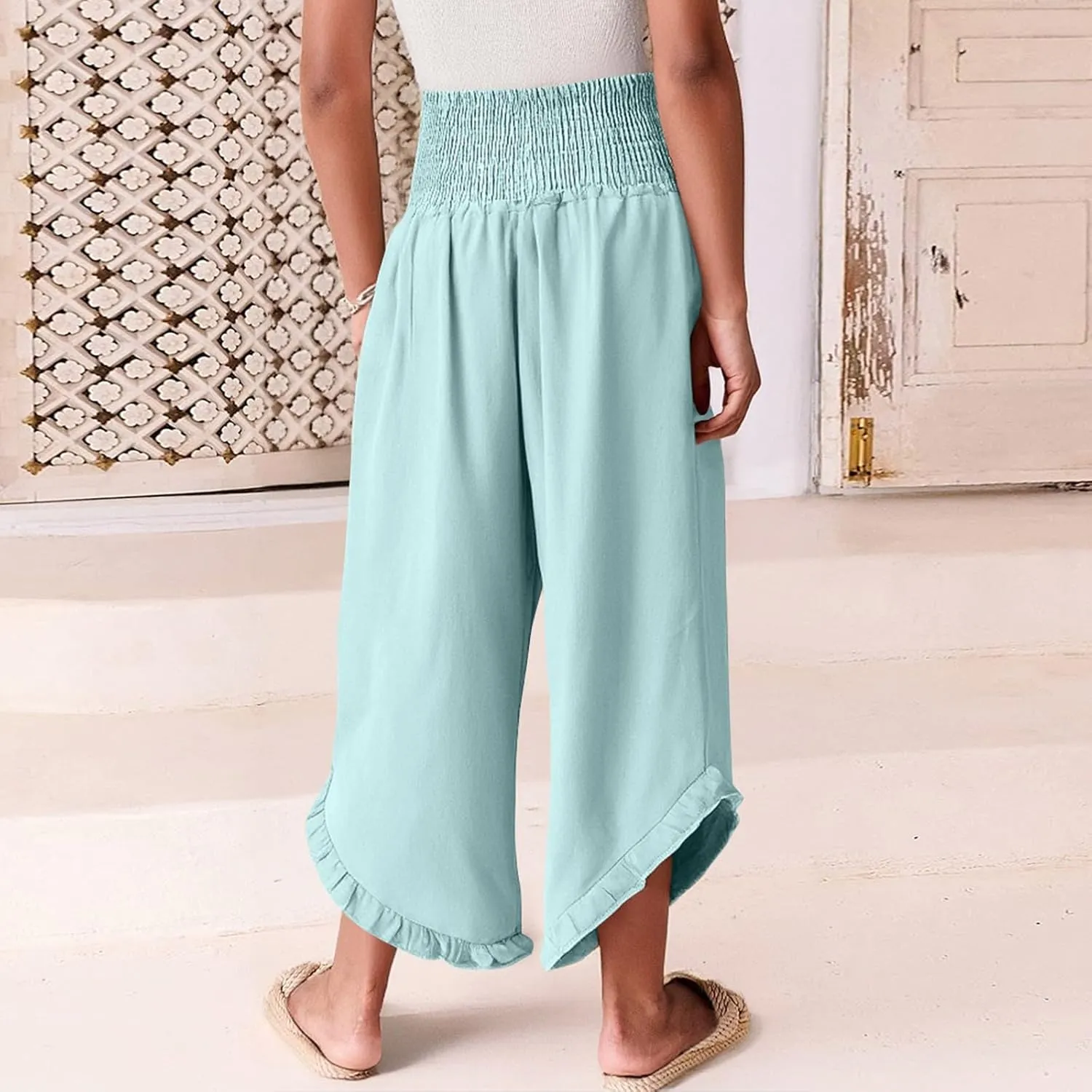 Linen Palazzo Pants for Women Smocked High Waisted Ruffle Hem Wide Leg Pants Loose Summer Beach Trousers with Pockets