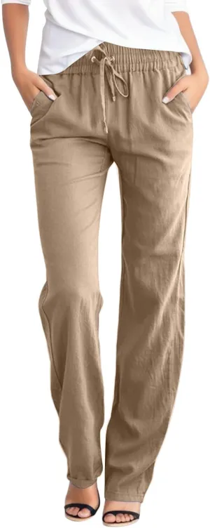 Linen Pants for Women High Waist Casual Wide Leg Pants Drawstring Summer Pants with Pockets Beach Palazzo Pants Trousers, 3X-Large, #A2-khaki