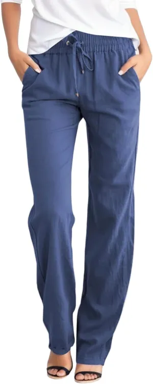 Linen Pants for Women High Waist Casual Wide Leg Pants Drawstring Summer Pants with Pockets Beach Palazzo Pants Trousers, 3X-Large, #A3-blue