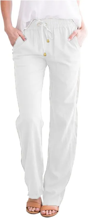 Linen Pants for Women High Waist Casual Wide Leg Pants Drawstring Summer Pants with Pockets Beach Palazzo Pants Trousers, 3X-Large, #A4-white