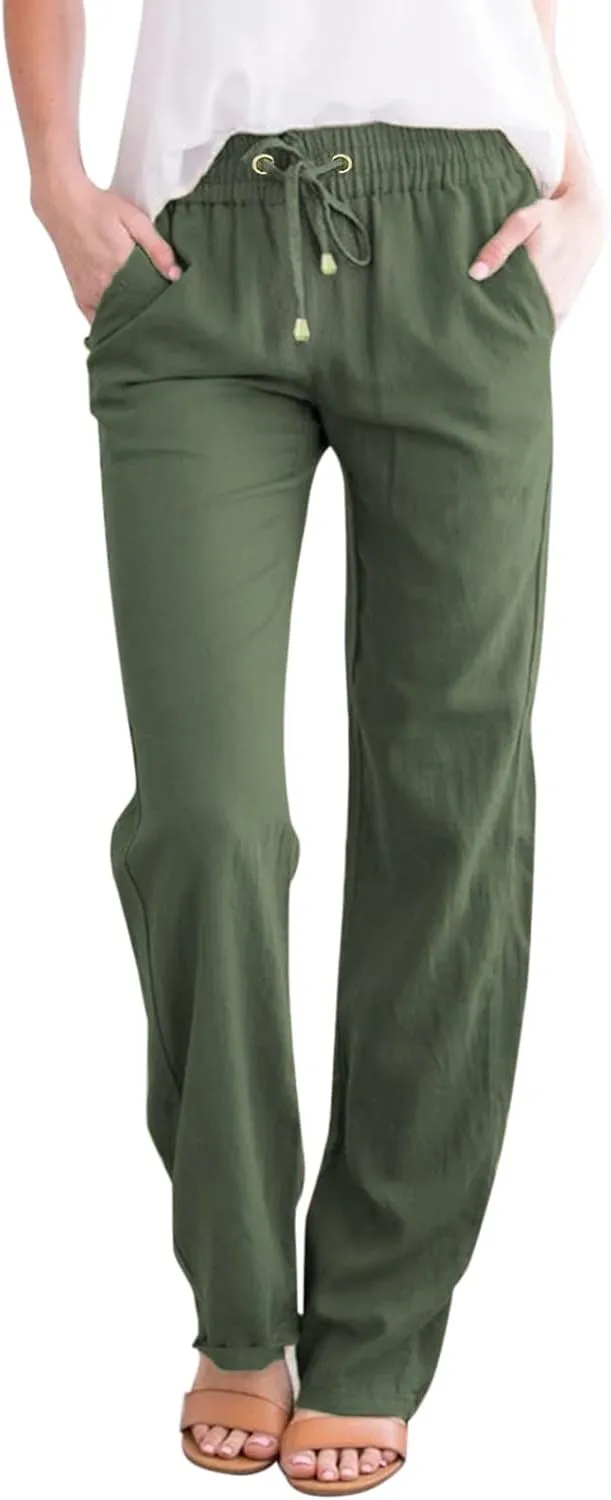 Linen Pants for Women High Waist Casual Wide Leg Pants Drawstring Summer Pants with Pockets Beach Palazzo Pants Trousers, 3X-Large, #B1-army Green