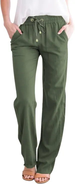 Linen Pants for Women High Waist Casual Wide Leg Pants Drawstring Summer Pants with Pockets Beach Palazzo Pants Trousers, 3X-Large, #B1-army Green